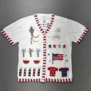 Quacker Factory White Patriotic Embroidered Short-Sleeve Cardigan with Red Trim